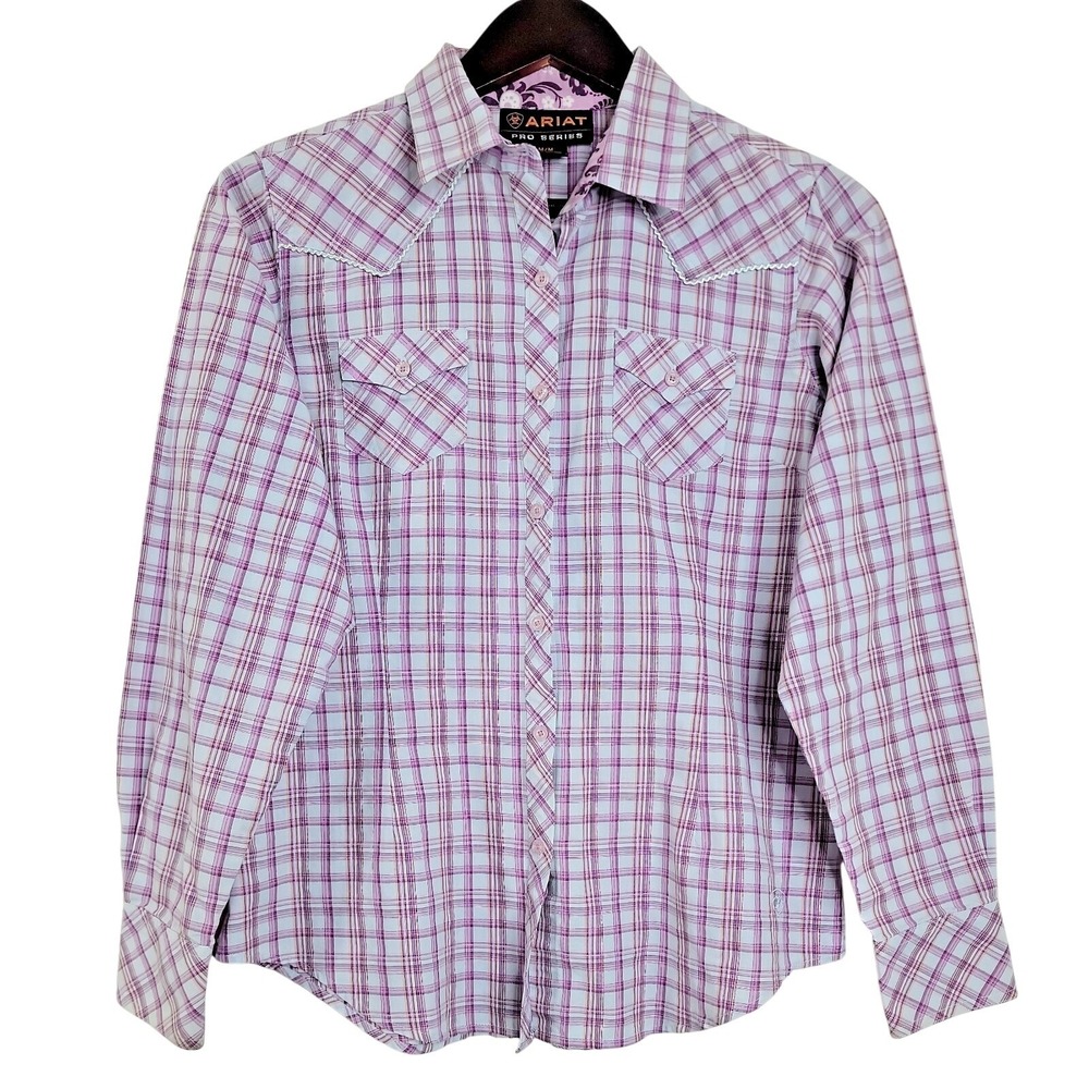 Ariat Pro Series Womens Medium Purple Plaid Western Shirt Metallic Thread NWOT